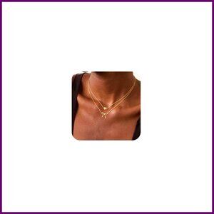 14K Gold Plated Bow Pendant Choker Necklace with Cubic Zirconia, Adjustable